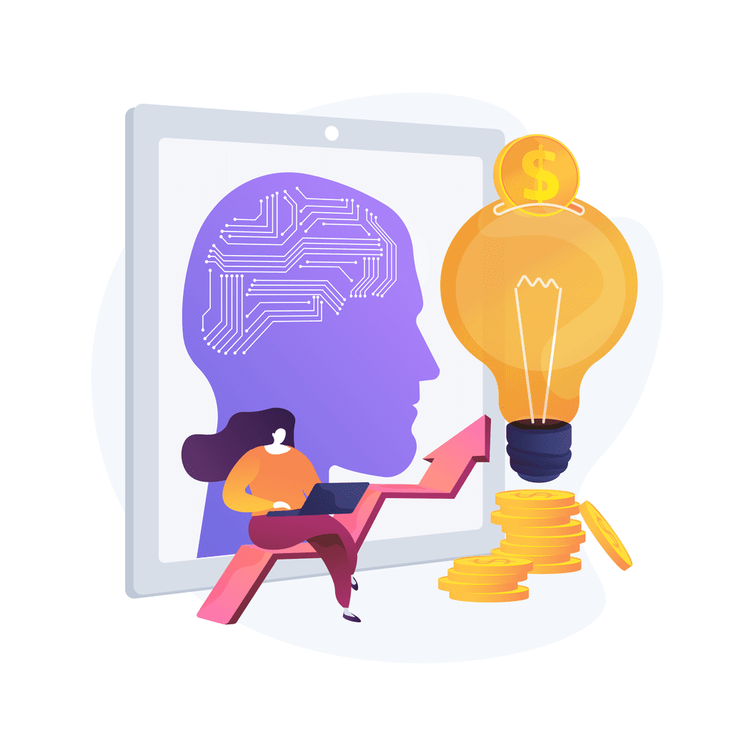 Imagem em vetor com mulher analisando dados de inteligência artificial em notebook. Ao lado, no chão, várias moedas, e acima delas, uma lâmpada. Atrás da mulher, a circunferência de uma cabeça, com linhas de dados no lugar do cérebro.
