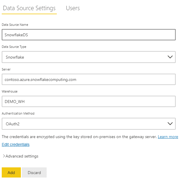 Crie uma nova fonte de dados no gateway de dados VNET