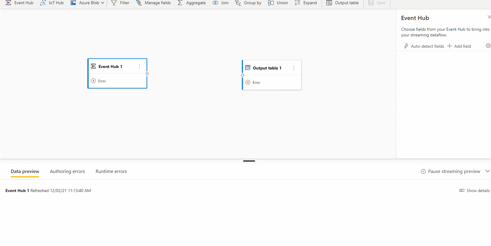 Fonte EventHub configurada - DataFlow Power BI