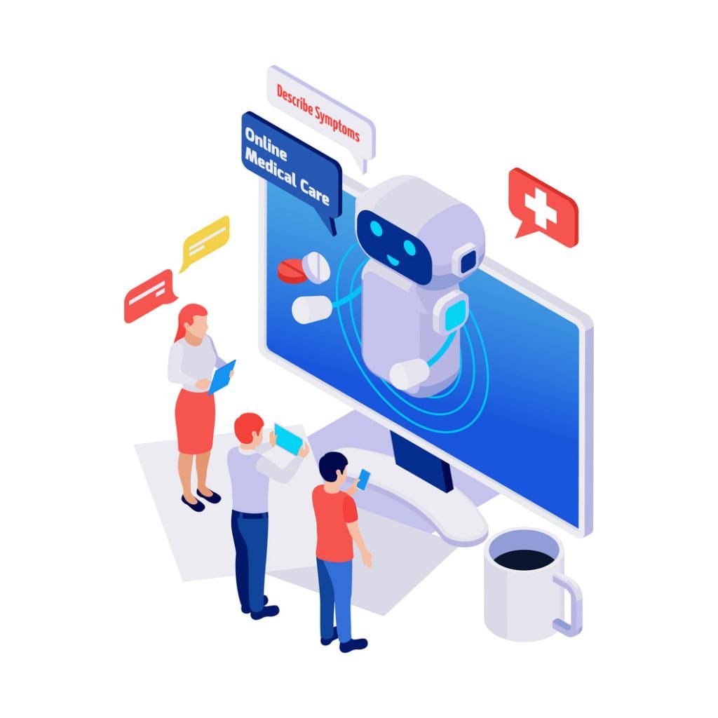 Imagem em vetor com pessoas em frente a uma tela azul com robô branco representando o chatbot, dizendo algumas frases para ajudar o usuário.