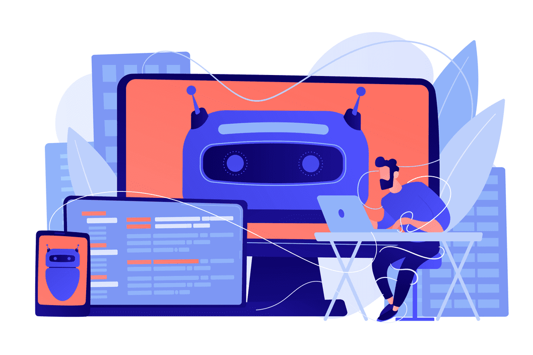 Imagem em vetor com homem trabalhando sentado à mesa com notebook. Ao fundo, telas de celular, notebook e monitor apresentam imagens de um robô chatbot e outra com dados.